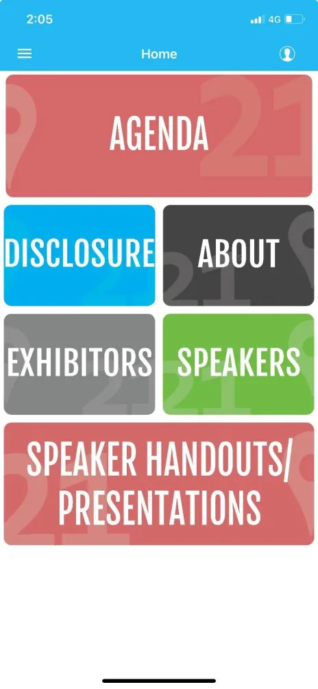 Medical education meeting event app home screen